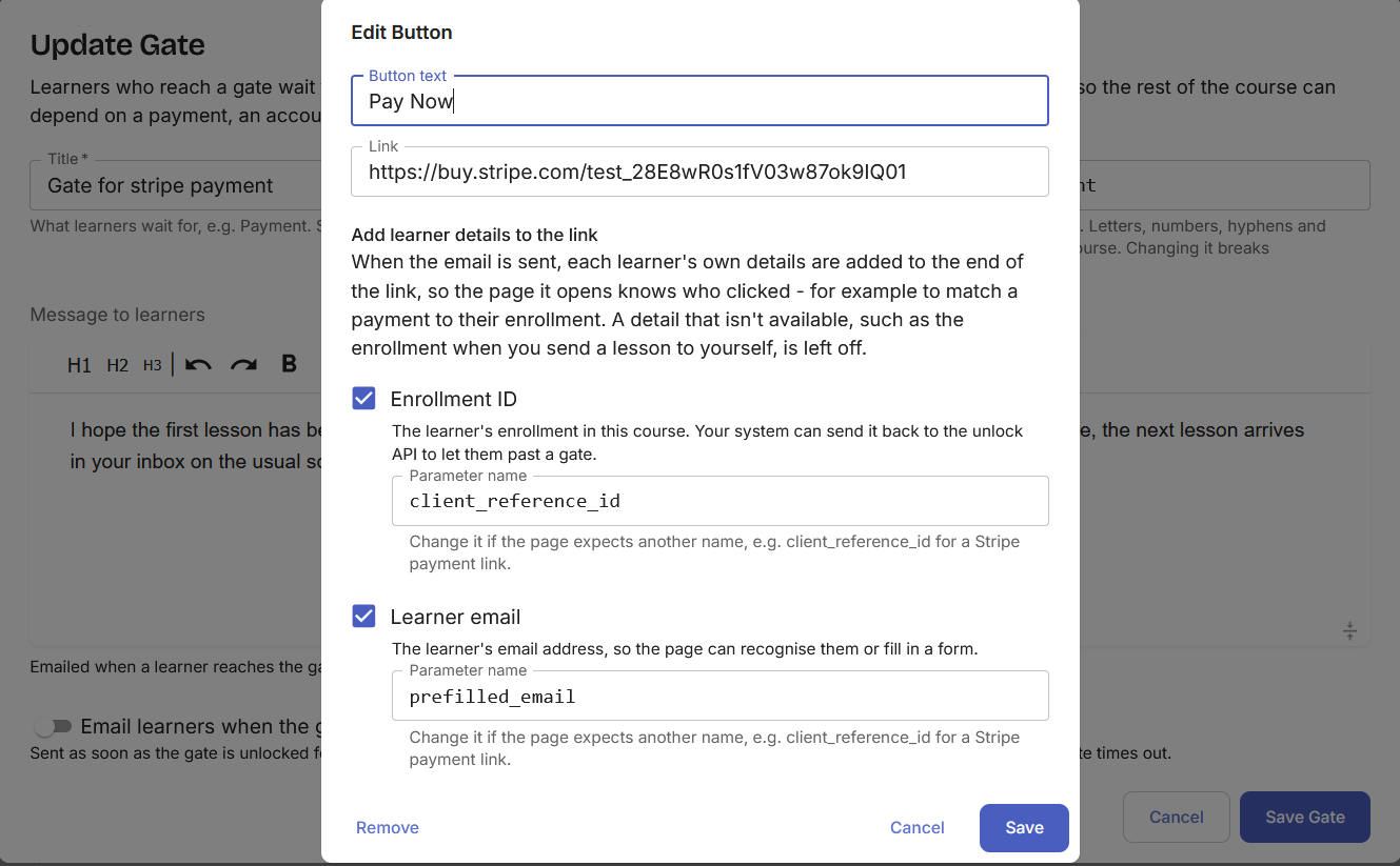 The button dialog with the Payment Link pasted, Enrollment ID ticked and named client_reference_id