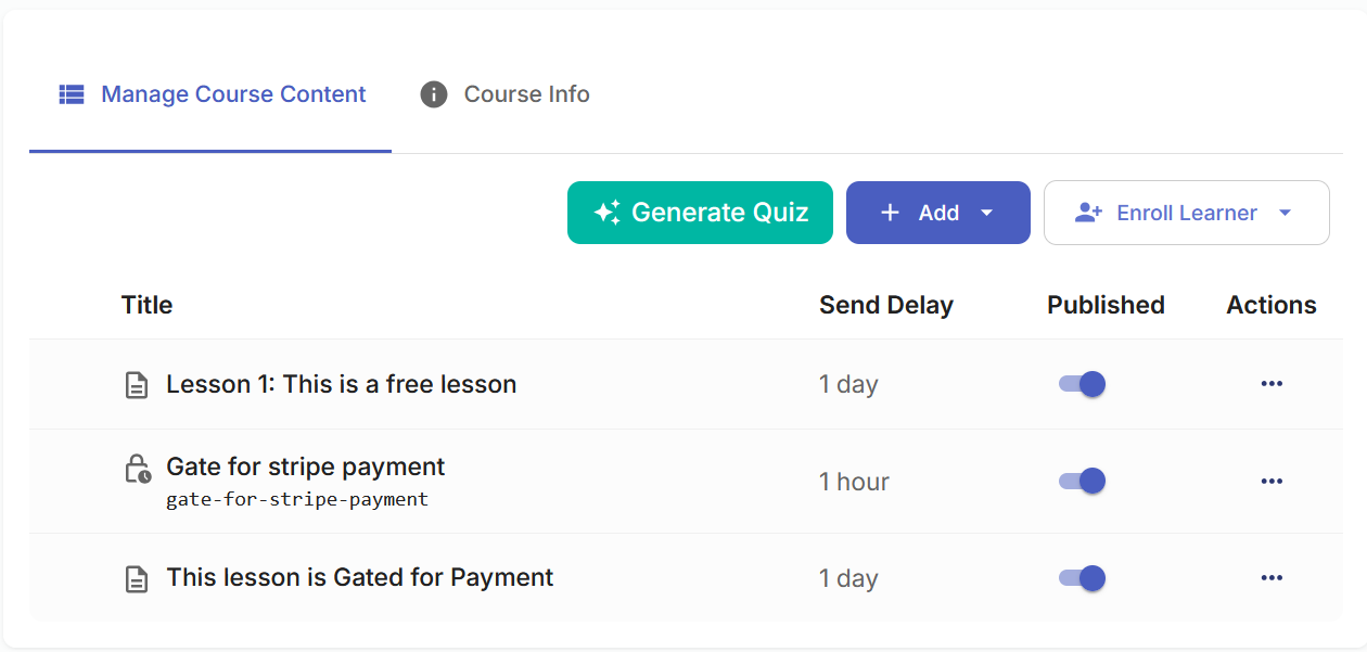 A course's lesson list in the editor with a gate placed after first lesson