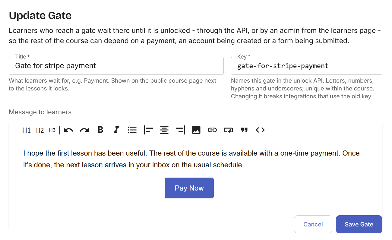 The gate form with title and message filled in